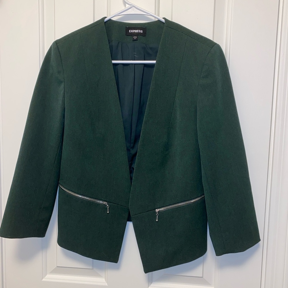 Express Dark Green Open-Front Blazer with Zip Pockets